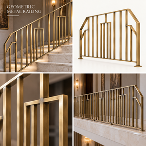 Rampe en or moderne de style Heritage avec des cadres rectangulaires imbriqués pour hôtels et villas de luxe, balustrade et main courante en métal - Product Image 5