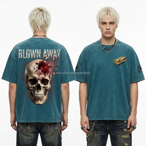 Camiseta Oversize de Algodón Pesado 220GSM Marrón con Lavado Ácido y Estampado de Calavera y Rosa Fatal Beauty para Hombre - Proveedor de Streetwear Personalizado - Product Image 2
