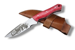 Handmade High Carbon Steel <b>Etching</b> Art Knife with Resin Handle & Leather Sheath Wholesale OEM Fixed Blade Outdoor Knife - Product Image 2