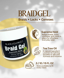 Gel coiffant BNG Black N Glow Braid Gel à tenue suprême pour tresses, locks, mèches et cheveux crépus, à l'huile de ricin, fabriqué en Corée - Product Image 2