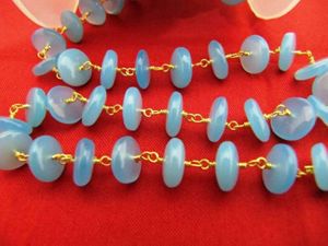 Natural Aqua Blue Chalcedony Smooth German Cut Rondelle Wire Wrapped Beaded <b>Rosary</b> Chain - Product Image 5