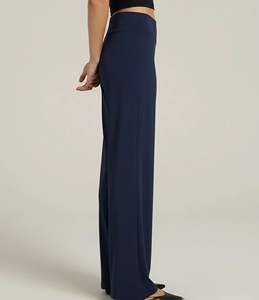 Pantalon large en coton tissé uni à taille haute pour femme, coupe ample, longueur intégrale, avec deux poches latérales - Product Image 2