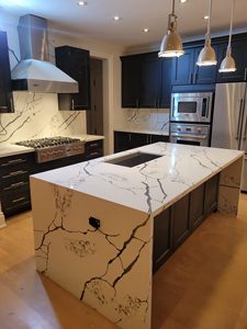 Calacatta Torenado Quartz Artificial Stone <b>Kitchen</b> Island Panel <b>Storage</b> <b>Cupboard</b> Vanity Top Bathroom Waterproof Modern Design - Product Image 3