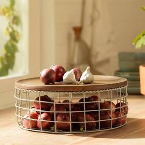 Storage <b>Basket</b> With Wooden Lid Kitchen Food Container Minimalist Design - Product Image 1
