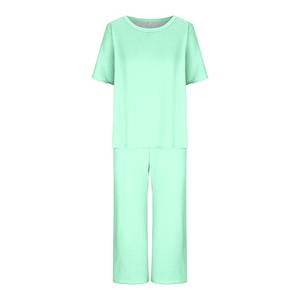 Conjunto de Pijama de Jersey de Poliéster Azul para Mujer, Manga Corta, Cuello Redondo, Cintura Elástica Suave, Ropa de Dormir Informal para Verano - Product Image 3