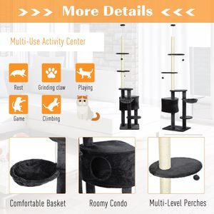Albero per Gatti Verticale Grigio Regolabile in Altezza da Pavimento a Soffitto con Piattaforme in Moquette, Cuccia e Aree di Tiraggio in Corda per Arrampicata - Product Image 4