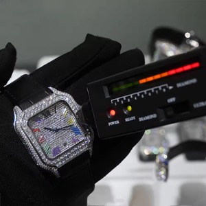 Montre de luxe pour femme en acier inoxydable rectangulaire avec lunette sertie de diamants, bracelet en cuir noir, boucle, mouvement à quartz - Product Image 4