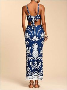 Women's Casual Summer Spring <b>Tropical</b> Print Halter Neck Bow Back Cotton Lining Fabric Sleeveless Maxi <b>Dress</b> for Beach Vacation - Product Image 2