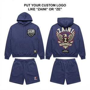 Ensemble sweat à capuche et short pour homme en molleton de coton premium 340 GSM respirant, imprimé numérique, logo personnalisé sur le devant, coupe oversize, tricoté - Product Image 1