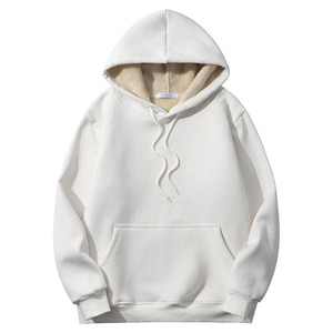 Sweat-shirt à capuche unisexe blanc, surdimensionné, en polaire, décontracté, avec poche, tricoté, uni, teint, pour l'automne - Product Image 1