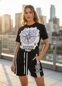 Custom Heavyweight Summer Two Piece Rhinestone Screen Print Cotton Acid Wash Sun Faded <b>T</b>-Shirt Distressed Side Stripe Sweat 2026 - Product Image 2
