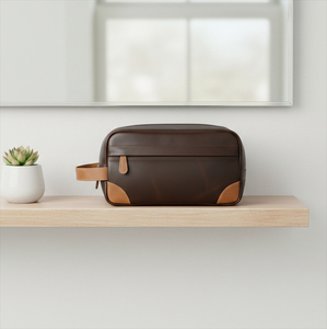 Classic Leather Toiletry Bag Rectangle Shape Durable Travel Storage Bag for Men <b>Brown</b> with Tan Accents - Product Image 2