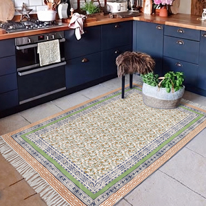Tapis en coton faits à la main à motifs floraux, tissage plat traditionnel imprimé au bloc, pour la décoration intérieure de bars, salons et chambres - Product Image 1