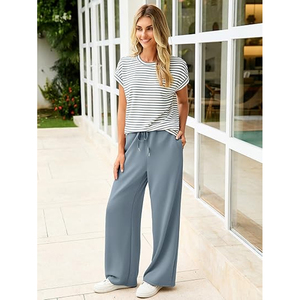 Ensemble de détente uni pour femme, t-shirt ample et pantalon large, tenue décontractée personnalisable avec logo - Product Image 3
