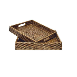 Plateau de service en rotin tressé écologique avec poignées en bois, design rustique, décoration pour la maison et la cuisine, organisateur pour thé, café et collations - Product Image 1