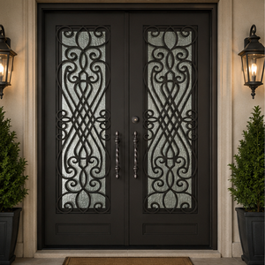 Porte d'entrée double moderne en fer forgé avec verre dépoli, décorations en volutes, design de luxe, porte d'entrée sécurisée - Product Image 1