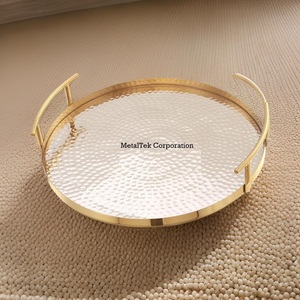 Round Hammered <b>Gold</b> Plated <b>Serving</b> <b>Tray</b> With Handles Home Table Decor Luxury Breakfast Platter Wholesale Low Price Gift <b>Trays</b> - Product Image 4