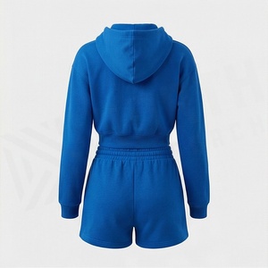 Conjunto de Sudadera con Capucha y Pantalones Cortos de 2 Piezas para Mujer, Color Azul, Felpa, Ropa Deportiva Informal, Largo por Encima de la Rodilla, Manga Larga, Color Sólido - Product Image 2