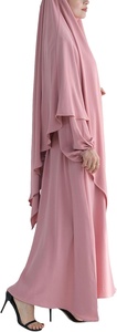 Robe longue modeste à coupe trapèze avec col rond et manches longues en crêpe rose uni pour femme - Product Image 6