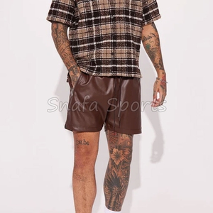 Manufacturer Custom Street Style Casual Leather <b>Short</b> <b>Patch</b> Drawstring Exposed Pockets PU Leather Cargo <b>Shorts</b> for <b>Men</b> - Product Image 4