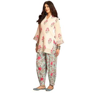 Women's Traditional Floral Woven <b>Linen</b> Summer Short Kurti with Farshi Bottom 2 <b>Piece</b> Set Knee Length - Product Image 1