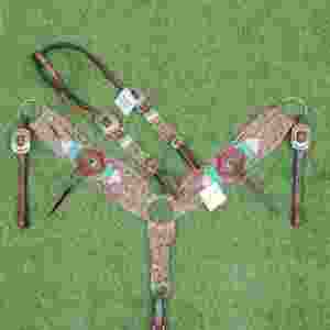 Conjunto de cabezada y pechera de mohair beige turquesa rojizo, 32 pulgadas de longitud frontal, colores personalizables, hecho a mano con cuero argentino. - Product Image 2