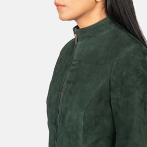 Flashback Green <b>Suede</b> Biker Motorcycle <b>Jacket</b> Windproof Genuine Leather Knitted Zipper Closure Spread Collar Solid Finished - Product Image 4