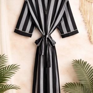 Bata Kimono a Rayas de Longitud Completa, Corte Holgado, Cuello en V, Manga Tres Cuartos, Ropa de Estar para Mujer, Tejido Suave de Verano - Product Image 4