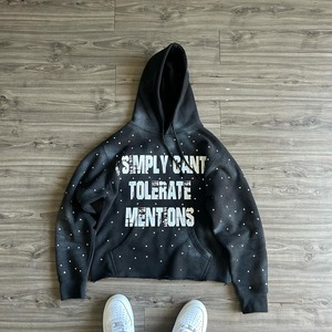 Sudadera con capucha para hombre, 100% algodón, estilo streetwear personalizado, con pedrería y serigrafía, efecto deslavado por el sol, dobladillo sin rematar, oversize, para otoño, con lavado ácido vintage - Product Image 1
