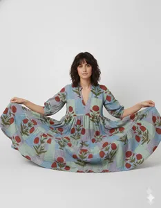 Robe midi en coton à imprimé floral bleu ciel bohème avec manches bouffantes, coupe ample, col en V, robe d'été pour femmes - Product Image 3