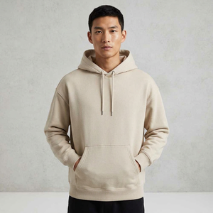 Sweat-shirt à capuche beige décontracté pour homme, couleur unie, avec poche kangourou et cordon de serrage - Product Image 3