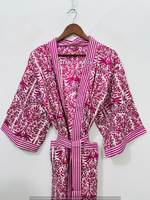 Robe Kimono de Demoiselle d'Honneur en Coton Imprimé au Bloc, Simple, Décontractée, Douce, Respirante et Thermique, Taille Unique, Vêtement de Nuit d'Été pour Femme