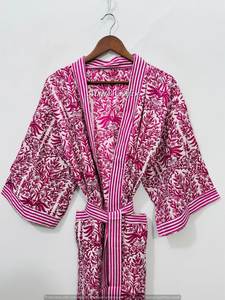 ชุดคลุมกิโมโนผ้าฝ้ายแท้ 100% พิมพ์ลายบล็อกเรียบง่าย สวมใส่สบาย ระบายอากาศได้ดี เก็บความร้อน เหมาะสำหรับเพื่อนเจ้าสาว ไซส์เดียว ชุดนอนฤดูร้อนสำหรับผู้หญิง - Product Image 2