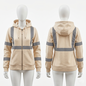 Sweat à capuche de travail pour femme en molleton de coton et polyester 320 GSM, marron, avec panneaux réfléchissants sur la poitrine et les manches, broderie personnalisée et logo imprimé - Product Image 5