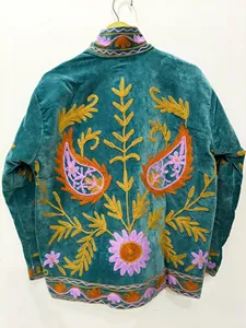<b>Women</b> Turquoise Embroidered Suzani <b>Jacket</b> With Floral Pattern Full Sleeve Stand Collar Bohemian <b>Women's</b> Winter Outerwear - Product Image 5