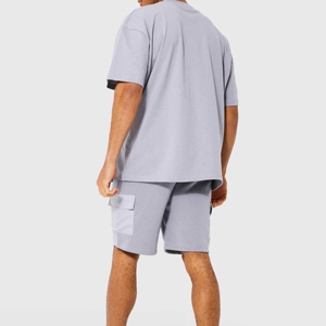 Men's Light Blue Cotton Crew Neck T-Shirt And Cargo Shorts <b>Set</b> Casual Summer Wear Breathable <b>Knitted</b> Fabric - Product Image 2
