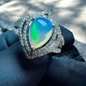 Natural Ethiopian Opal Gemstone with Single Cut Diamond 925 Sterling <b>Silver</b> Rhodium Plated Minimalist Cocktail <b>Ring</b> - Product Image 1