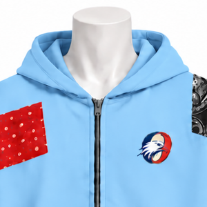 Sweat à capuche zippé oversize bleu ciel avec patchwork et imprimés, style streetwear décontracté pour homme - Product Image 3