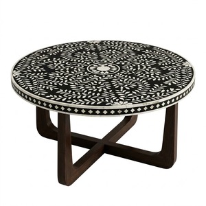 Wholesale Handcrafted Bone Inlay Coffee <b>Table</b> Luxury Black & <b>White</b> Floral Pattern <b>Round</b> Center <b>Table</b> for Living Room Home Decor - Product Image 1