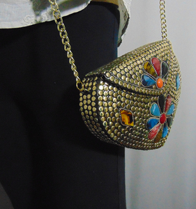 Handmade Metal <b>Clutch</b> Cum Sling Bag Jewel Stone Metal <b>Clutch</b> Gold Bag - Product Image 2