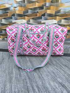 Bolsa de Lona con Estampado Floral y Cierre de Cremallera, Bolsa de Viaje y Gimnasio de Gran Capacidad, Rosa y Verde a Rayas, Asa Acolchada, Bolsas de Fin de Semana - Product Image 2