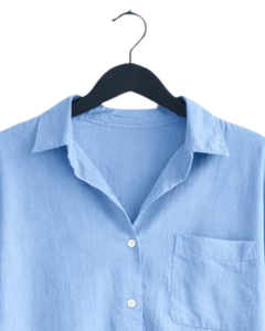 Ensemble deux pièces en lin bleu ciel pour femme, chemise à manches longues boutonnée et pantalon large à taille élastique, tenue décontractée - Product Image 4