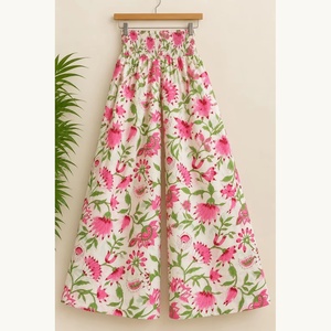 Pantalones Palazzo de Algodón con Estampado Floral Rosa, Cintura Natural, Pierna Ancha, Asimétricos, Ecológicos, Transpirables, Estilo Boho, para Verano - Product Image 1