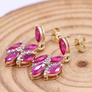 Handmade Women's Geometric Drop <b>Dangle</b> <b>Earrings</b> 14k Solid Yellow Gold Natural Ruby <b>Diamond</b> Gemstone Classic Engagement Wedding - Product Image 2