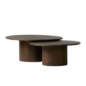 Luxury Solid Teak <b>Nesting</b> Round <b>Coffee</b> <b>Table</b> <b>Set</b> Durable Pedestal Base Rustic Natural Grain and Space Saving Design - Product Image 1