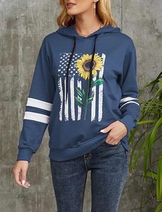 <b>Women's</b> <b>Navy</b> Blue Hooded Sweatshirt With Sunflower And American Flag Print Full Sleeve Casual Pullover With Pockets - Product Image 2