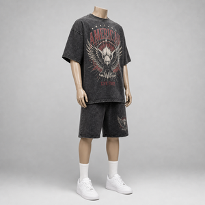 Mens Casual <b>Knitted</b> Acid Wash Oversized T-Shirt and Shorts <b>Set</b> Eagle Screen Print Loose Fit American Streetwear Two-Piece Outfit - Product Image 5