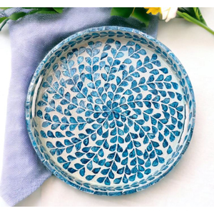 Plateau de service rond en nacre, mosaïque MOP artisanale, plateau décoratif à motif paon, incrustation en résine, avec poignées - Product Image 6