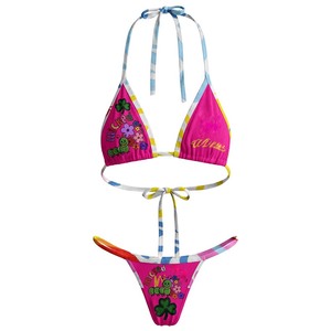 Premium 200 GSM Polyester Spandex <b>Pink</b> Floral <b>Bikini</b> <b>Set</b> Triangle Tie Side Rhinestone Embroidery Custom Logo Women <b>Bikinis</b> <b>Set</b> - Product Image 6