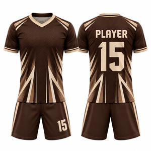Conjunto de Camiseta de Fútbol Sublimada Personalizada, Color Marrón Beige, Diseño Geométrico a Rayas, Cuello en V, Manga Corta, Absorbe la Humedad, para Hombre Adulto, 100% Poliéster - Product Image 1